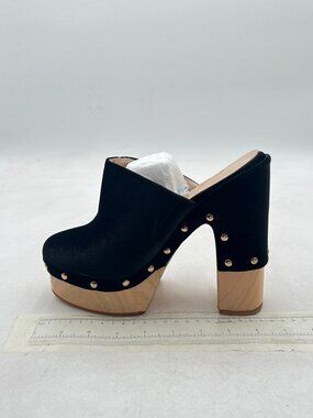 FSJ Black Suede High Chunky Heeled Slip On Platform Wooden Clogs Studs Sandals